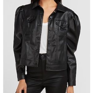 Faux Leather Puff Sleeve Trucker Jacket